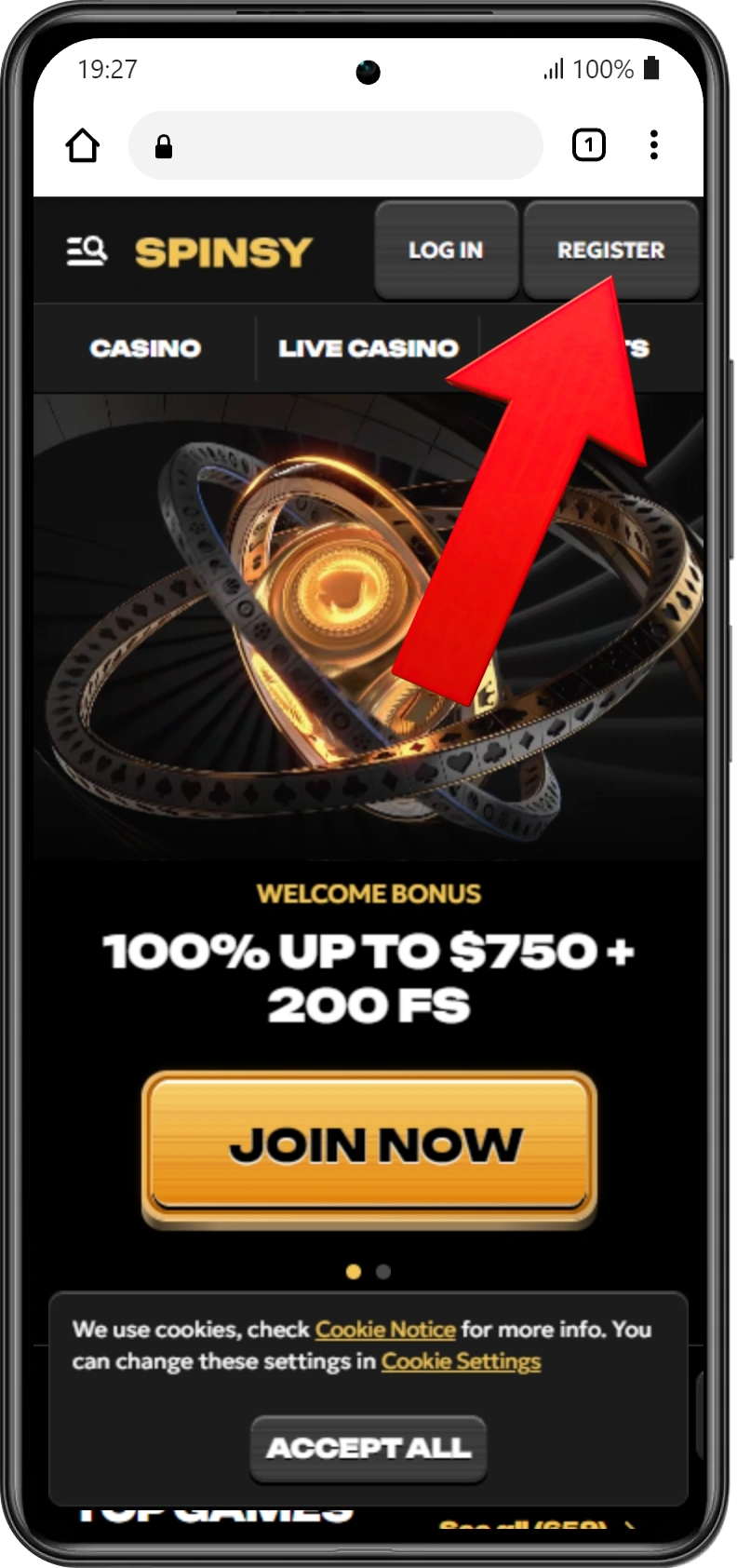 Spinsy Casino homepage with Register button highlighted in the top right corner