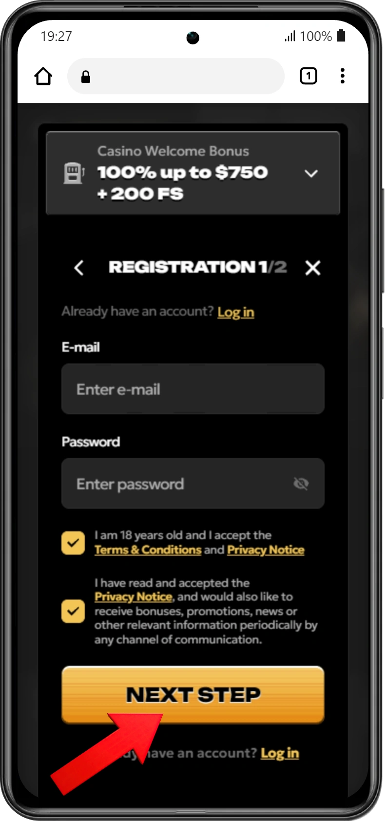 Spinsy Casino registration form with email and password fields