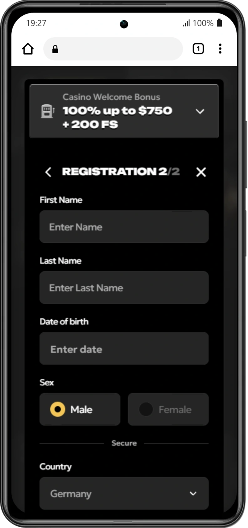 Spinsy Casino registration form with name, date of birth and address fields