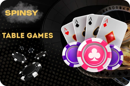 Spinsy Casino table games selection with 42 blackjack variants, 38 roulette versions, 24 baccarat options and 19 poker formats available in native AUD