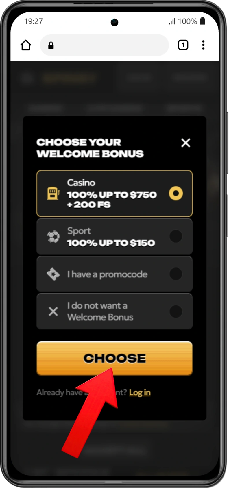 Spinsy Casino welcome bonus selection screen for Australian players