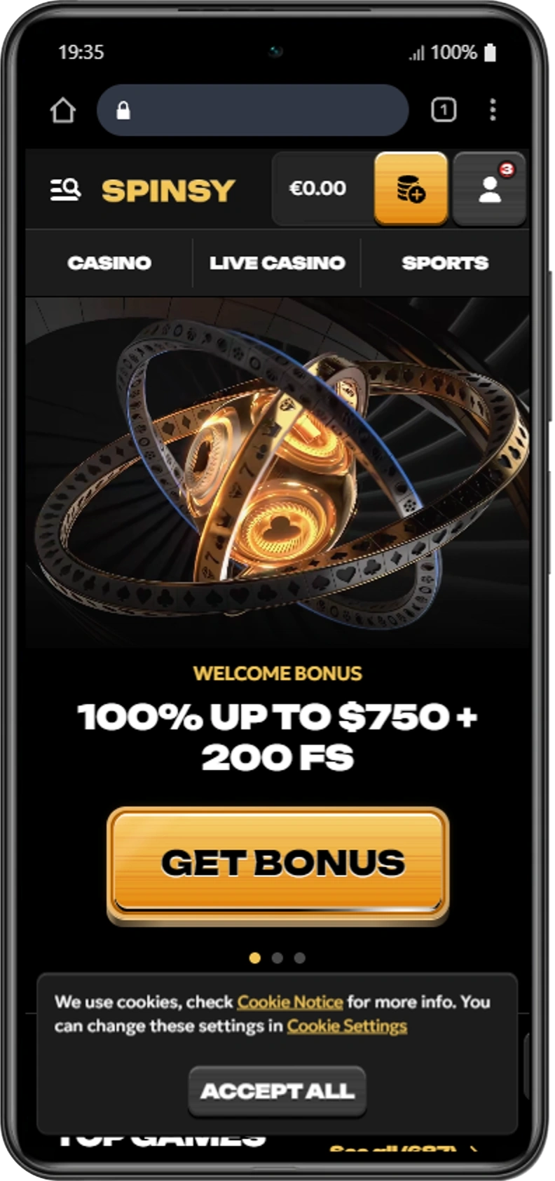 Spinsy Casino successful registration confirmation screen